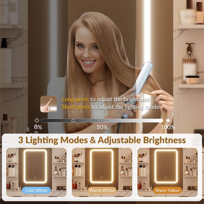Long press to adjust the brightness  
Short press to adjust the lighting mode  

0% 50% 100%  

3 Lighting Modes & Adjustable Brightness  
Cold White  
Warm White  
Warm Yellow