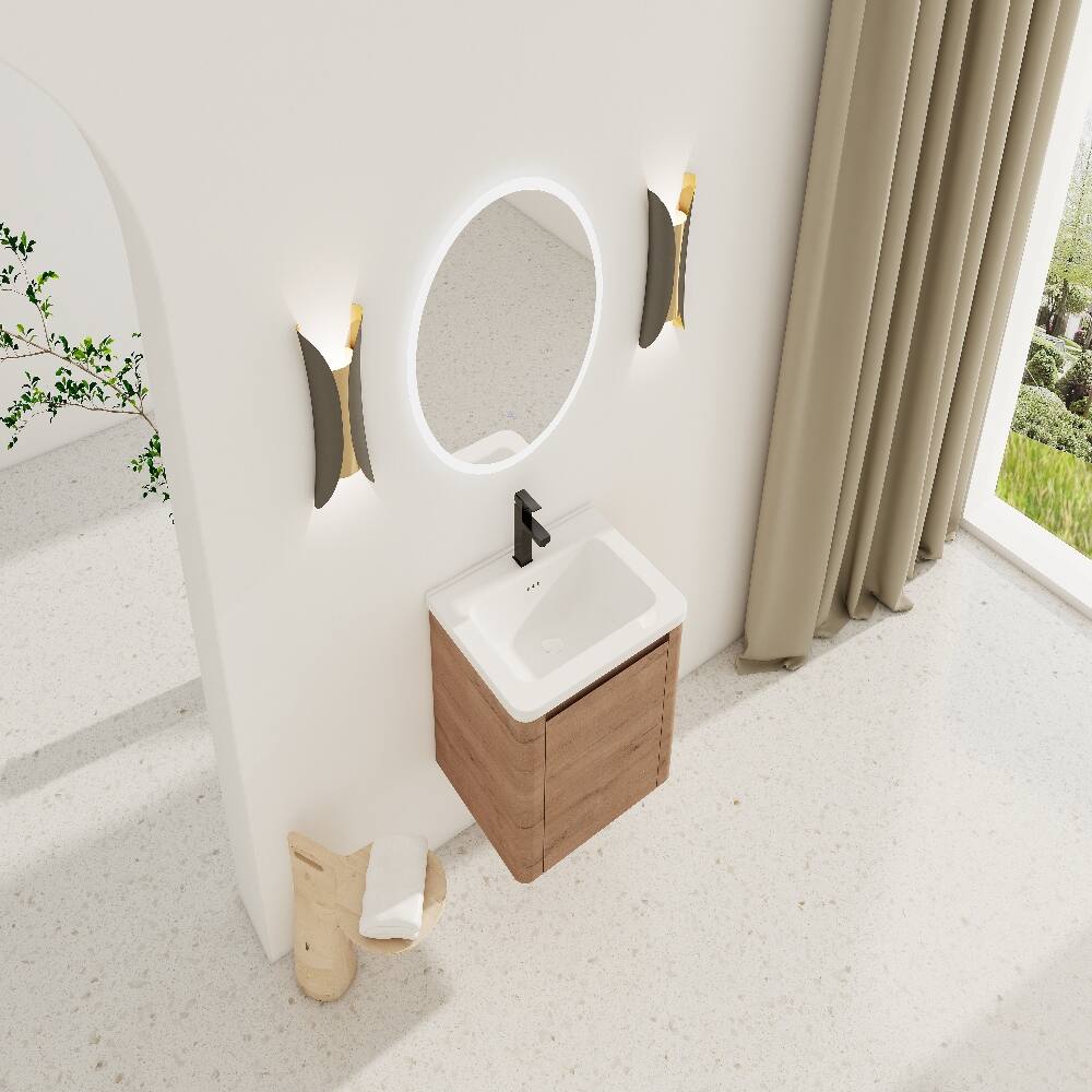 Alt View 2. Loheer - Loheer 24 inch wall mounted bathroom vanity with white ceramic sink and soft close door - Imitative Oak.