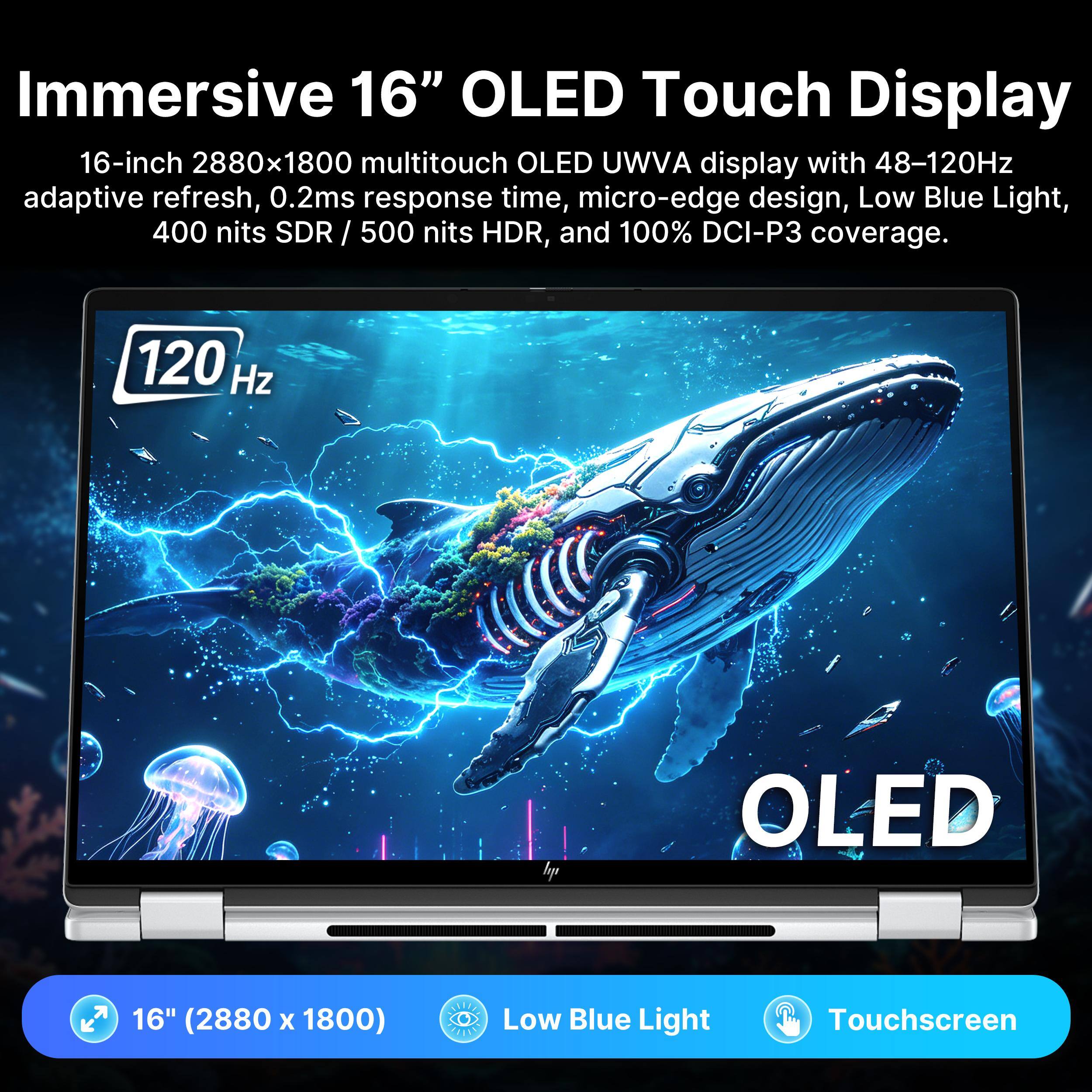 Immersive 16" OLED Touch Display

16-inch 2880x1800 multitouch OLED UWVA display with 48-120Hz adaptive refresh, 0.2ms response time, micro-edge design, Low Blue Light, 400 nits SDR/ 500 nits HDR, and 100% DCI-P3 coverage.

120 Hz OLED 16" (2880 x 1800) AVEEE FN Low Blue Light Touchscreen