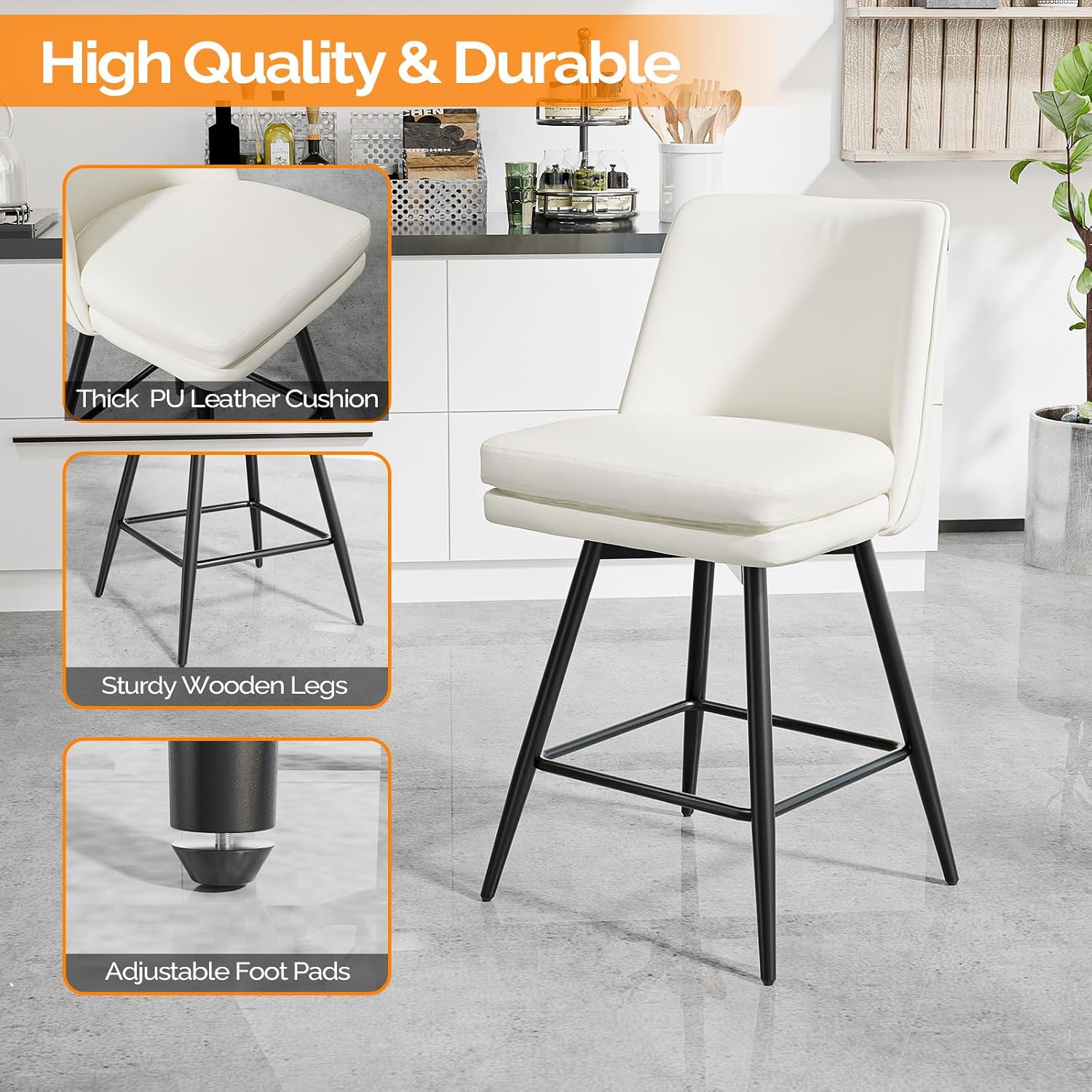 High Quality & Durable

- Thick PU Leather Cushion
- Sturdy Wooden Legs
- Adjustable Foot Pads