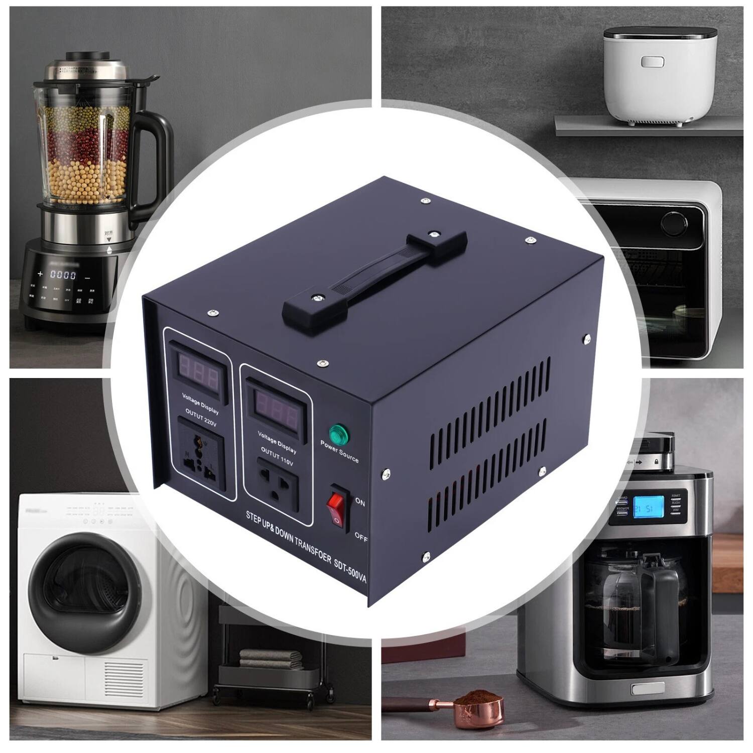 Sure, here is the corrected and grouped text from the image:

---

**CO0D 5 0 - a . - 98 8 Hfe T Oooglay 988 2 nt TUTUO**

**Power Source ON STEP UP& DOWN PAD TRANSFOER SOT SOT-500VA**

---

**Voltage Display**
**OUTPUT 220V**

**Voltage Display**
**OUTPUT 110V**

**Power Source**

**ON**
**OFF**

**STEP UP& DOWN TRANSFORMER SOT-500VA**

---