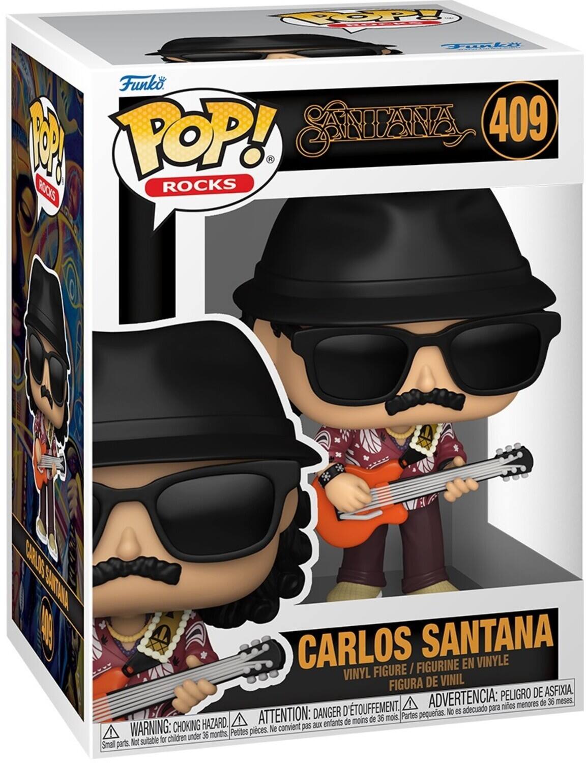 Sure, here is the corrected and grouped text from the image:

---

**Funko POP! ROCKS**

**SANTANA 409**

**CARLOS SANTANA**

VINYL FIGURE / FIGURINE EN VINYLE / FIGURA DE VINIL

**WARNING: CHOKING HAZARD.** Small parts. Not suitable for children under 36 months.

**ATTENTION: DANGER D'ÉTOUFFEMENT.** Petites pièces. Ne convient pas aux enfants de moins de 36 mois.

**ADVERTENCIA: PEIGRO DE ASFIXIA.** Partes pequeñas. No es adecuado para niños menores de 36 meses.

---

This text is organized to reflect the information on the packaging, including the brand, series, character, and safety warnings.