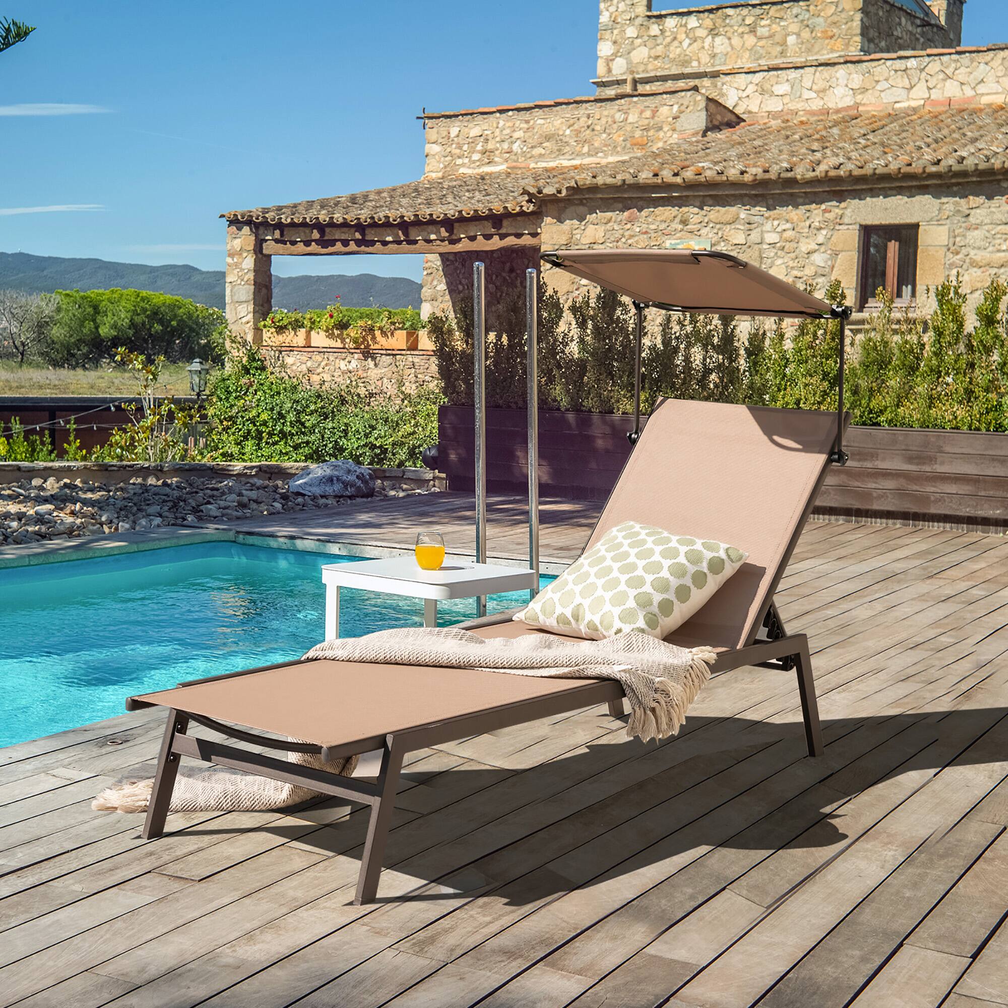 Alt View 3. Costway - Costway 2 PCS Outdoor Chaise Lounge Chair with Sunshade 6-Level Adjustable Recliner - Brown.