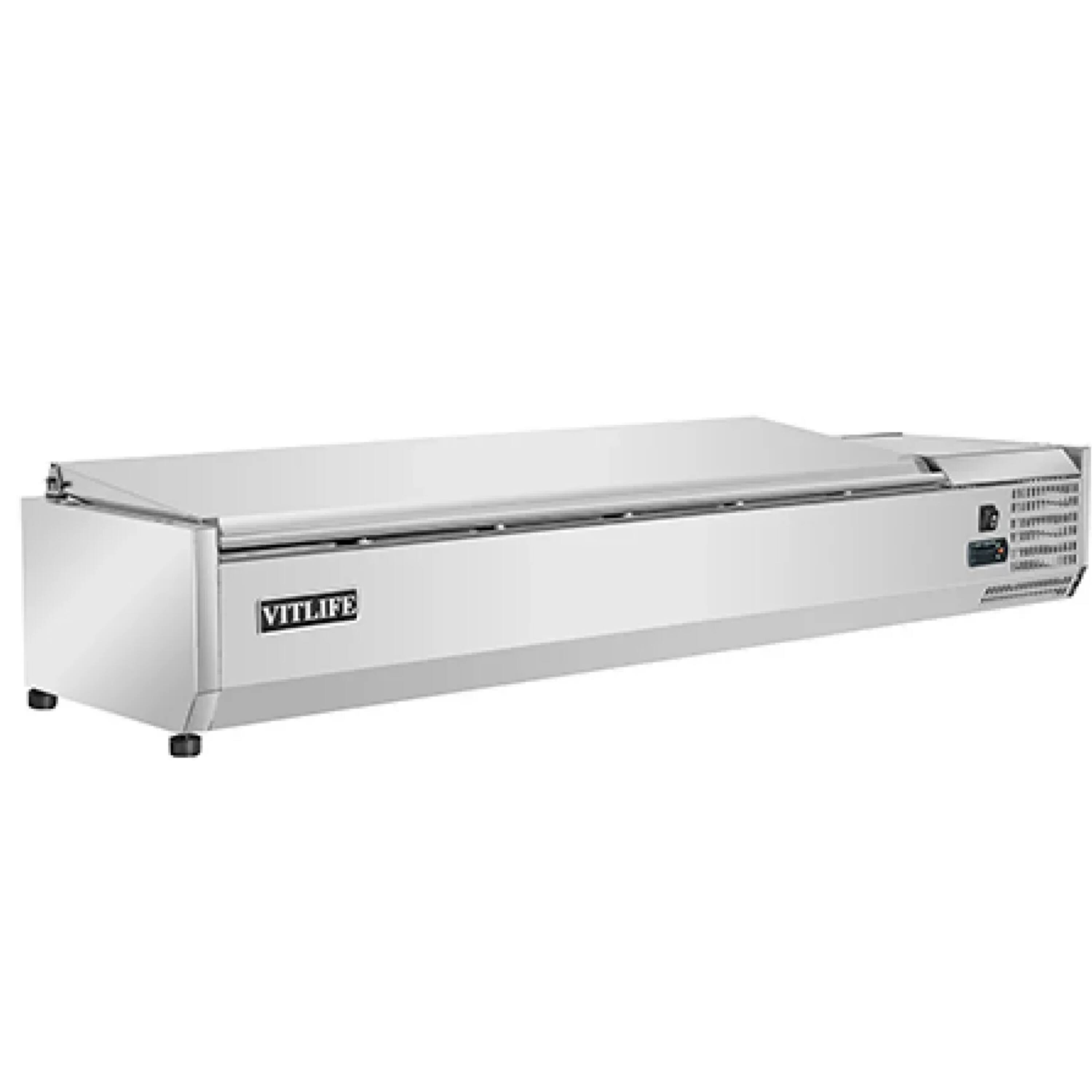 Angle. Equator - Equator Vitlife Commercial Refrigerated Condiment Prep Station, Stainless Lid 6 Pan (GN1/3×5+GN1/2×1), 33–41°F, 59.1" - Stainless Steel.