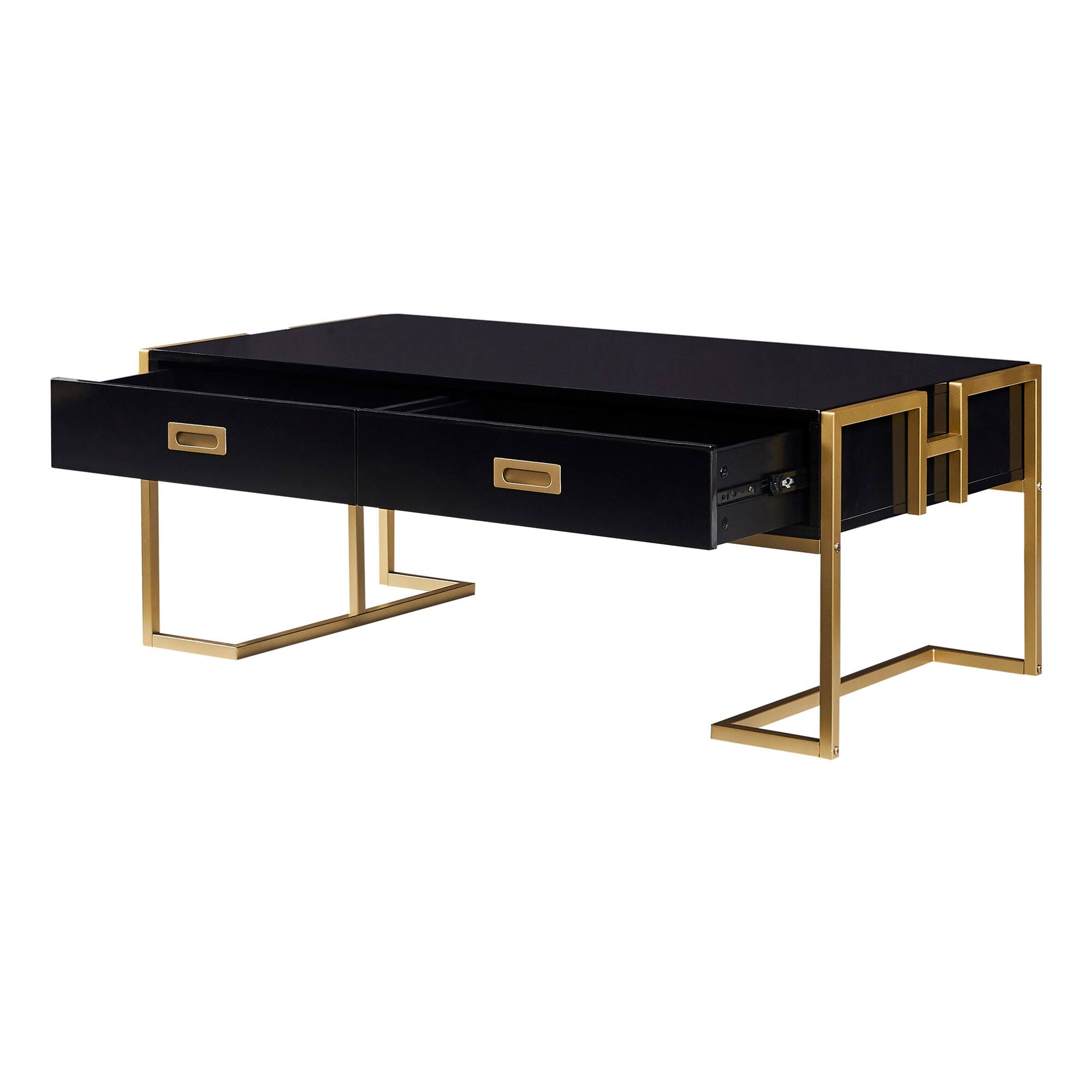 Alt View 10. GOODSILO - Modern Rectangular Coffee Table with Drawers and Metallic Base - Black+Gold.