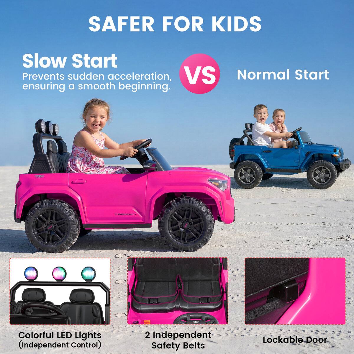 SAFER FOR KIDS

Slow Start
Prevents sudden acceleration, ensuring a smooth beginning.

VS

Normal Start

Colorful LED Lights (Independent Control)

2 Independent Safety Belts

Lockable Door