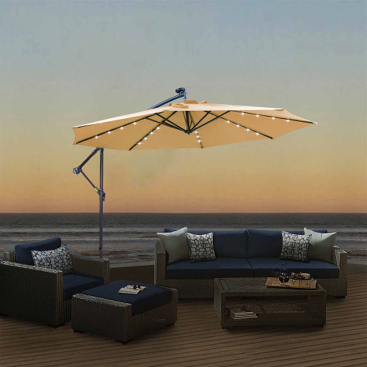 Alt View 2. HTUTWOO - Outdoor Patio Umbrella 10FT Solar LED - Hanging Cantilever Offset Umbrella with 32 LED Lights, Easy Open Adjustment - Taupe.