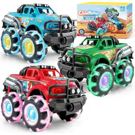 Joyfy - 3PCS Monster Friction-Powered Truck Toy, Light-Up Toy Truck with Flashing LED Wheel, Gift for Toddlers Boys Girls
