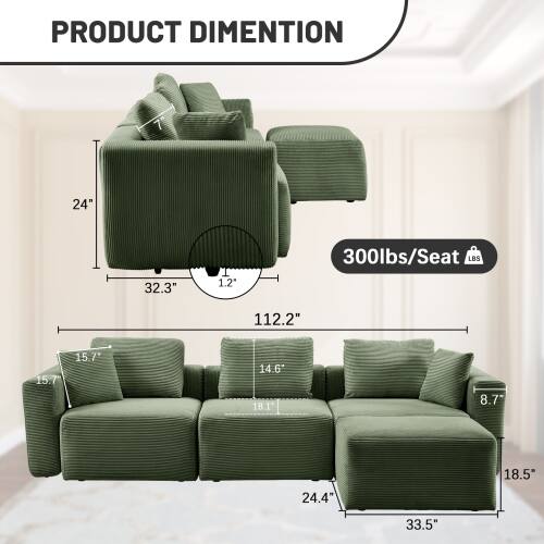 PRODUCT DIMENSION  
24" x 32.3" x 1.2"  
300lbs/Seat  
112.2" x 15.7" x 15.7" x 14.6" x 18.1" x 8.7" x 18.5" x 24.4" x 33.5"