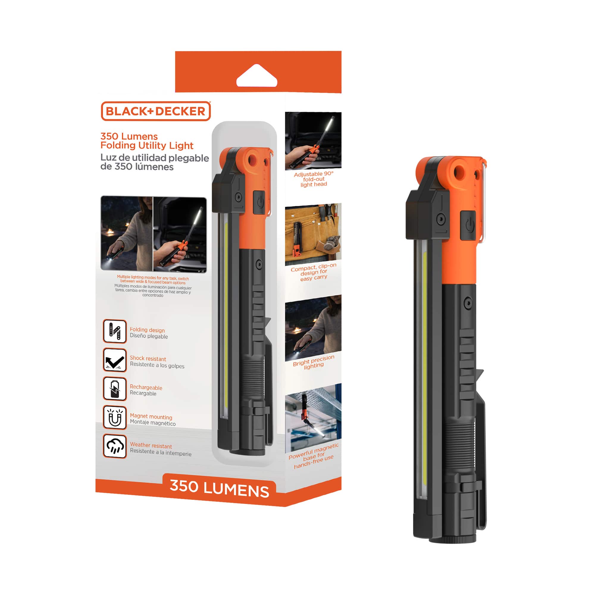 Black+Decker - Rechargeable Folding Utility Light, 350 Lumens Magnetic LED Work Light, Wireless Utility Light for Garage - Black