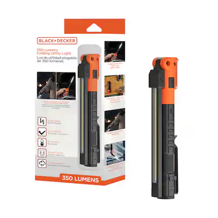 BLACK+DECKER
350 Lumens Folding Utility Light
Luz de utilidad plegable de 350 lmenes
Adjustable 90° fold-out light head
Multple lighting modes any 120 switch between with a focused beam options
Compact, clip-on design for easy carry
Folding design
Shock resistant
Rechargeable
Magnet mounting
Weather resistant
350 LUMENS