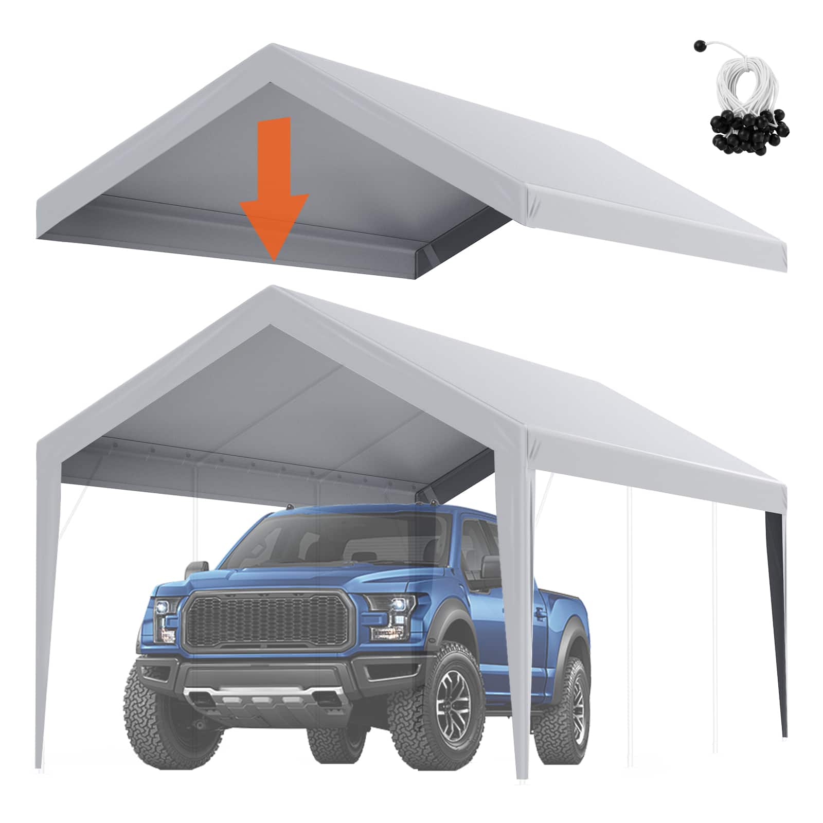 Front. VEVOR - Carport Replacement Canopy Cover 10 x 20 ft, Garage Top Tent Shelter Tarp Heavy-Duty Waterproof & UV Protected - Grey.