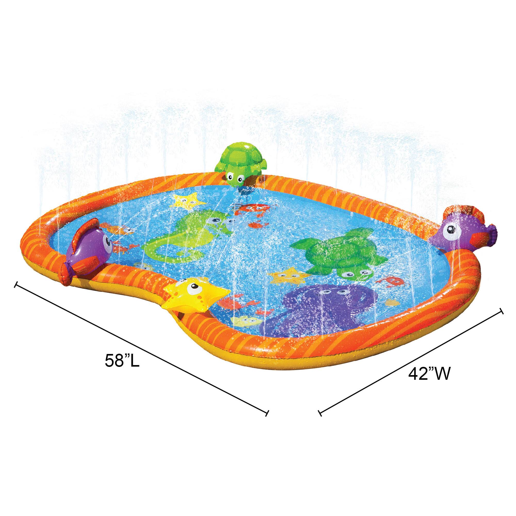 The text on the image reads "58"L 42"W," which indicates the dimensions of the inflatable swimming pool. The "L" stands for length, and the "W" stands for width. The pool is 58 inches long and 42 inches wide.