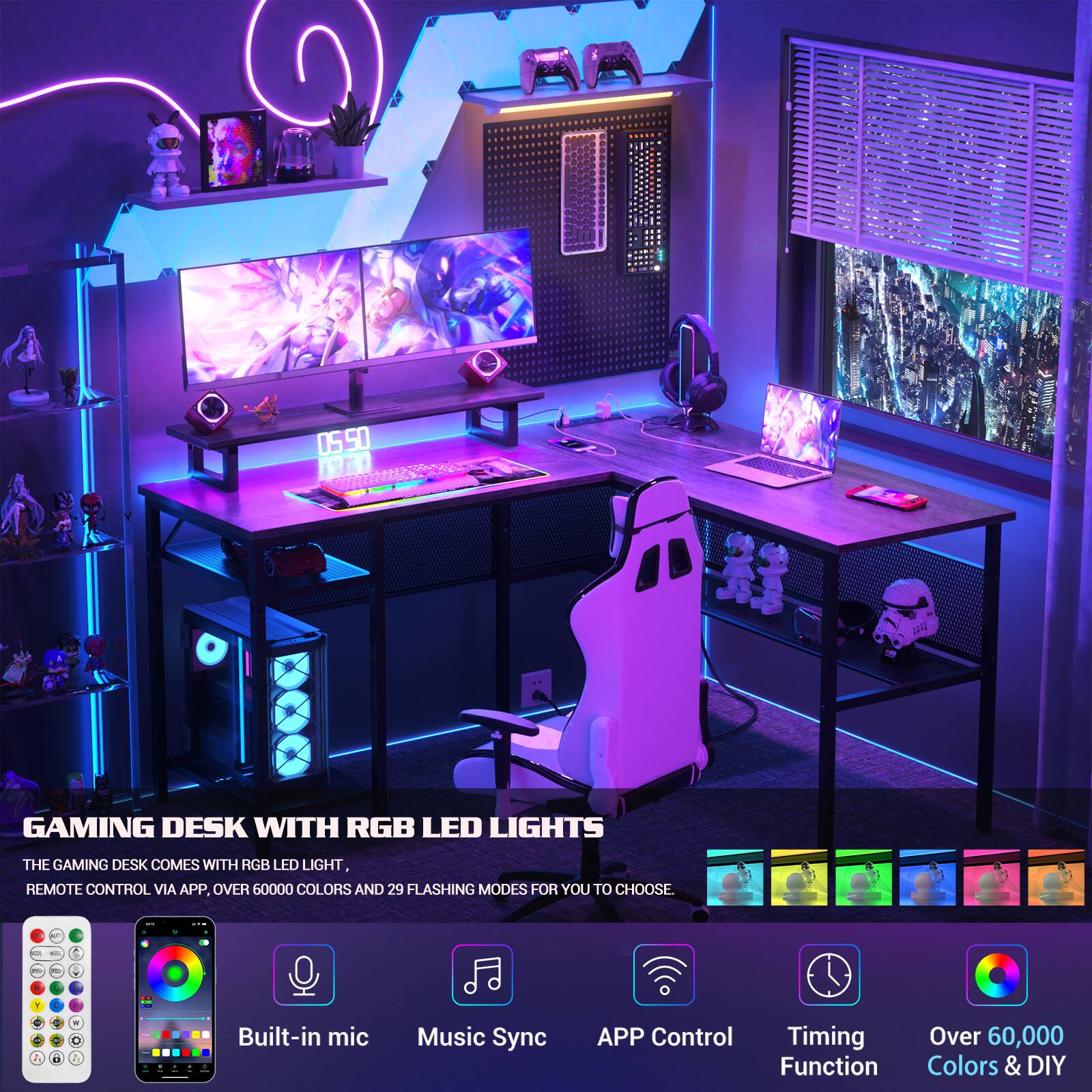 GAMING DESK WITH RGB LED LIGHTS

THE GAMING DESK COMES WITH RGB LED LIGHT, REMOTE CONTROL VIA APP, OVER 60,000 COLORS AND 29 FLASHING MODES FOR YOU TO CHOOSE.

- Built-in mic
- Music Sync
- APP Control
- Timing Function
- Over 60,000 Colors & DIY