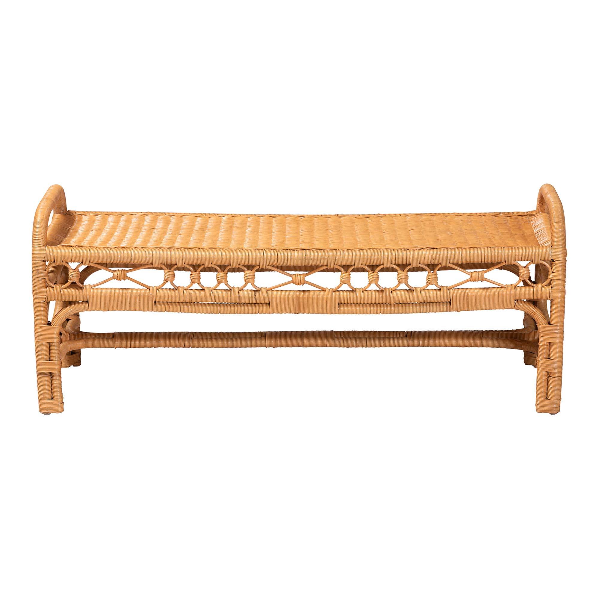Angle. bali & pari - Ayala Natural Rattan Accent Bench - Handwoven Wicker Accent Seating with Decorative Apron and Integrated Handles - Light Honey.