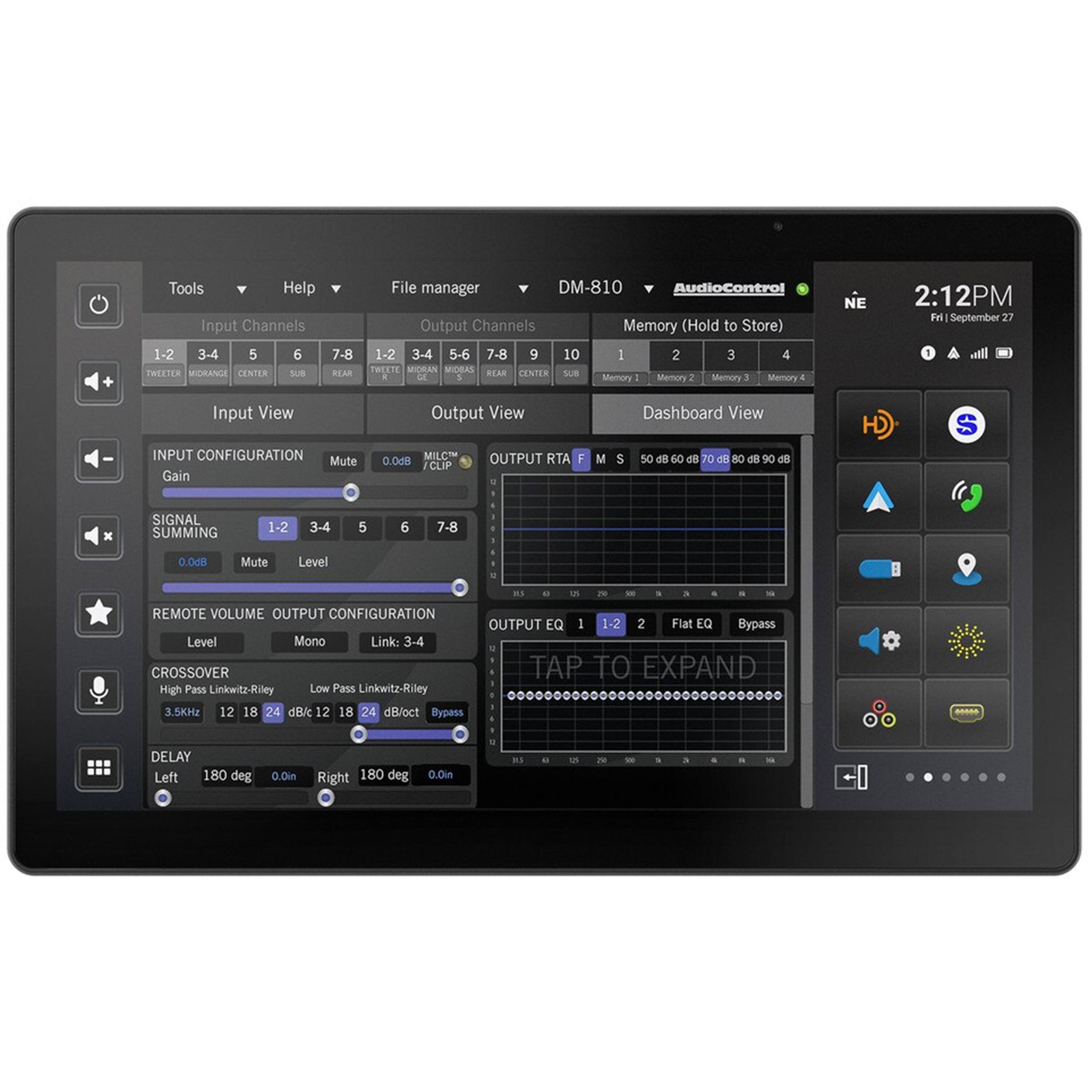 The image shows a tablet screen with various settings and options displayed. The screen is divided into different sections, including input channels, output channels, and memory. There are also options for tweeter, vidrange, and file manager. The tablet screen displays a graph, possibly related to audio settings, and a clock is visible in the top right corner. The screen is filled with different icons and settings, making it a complex and detailed display.