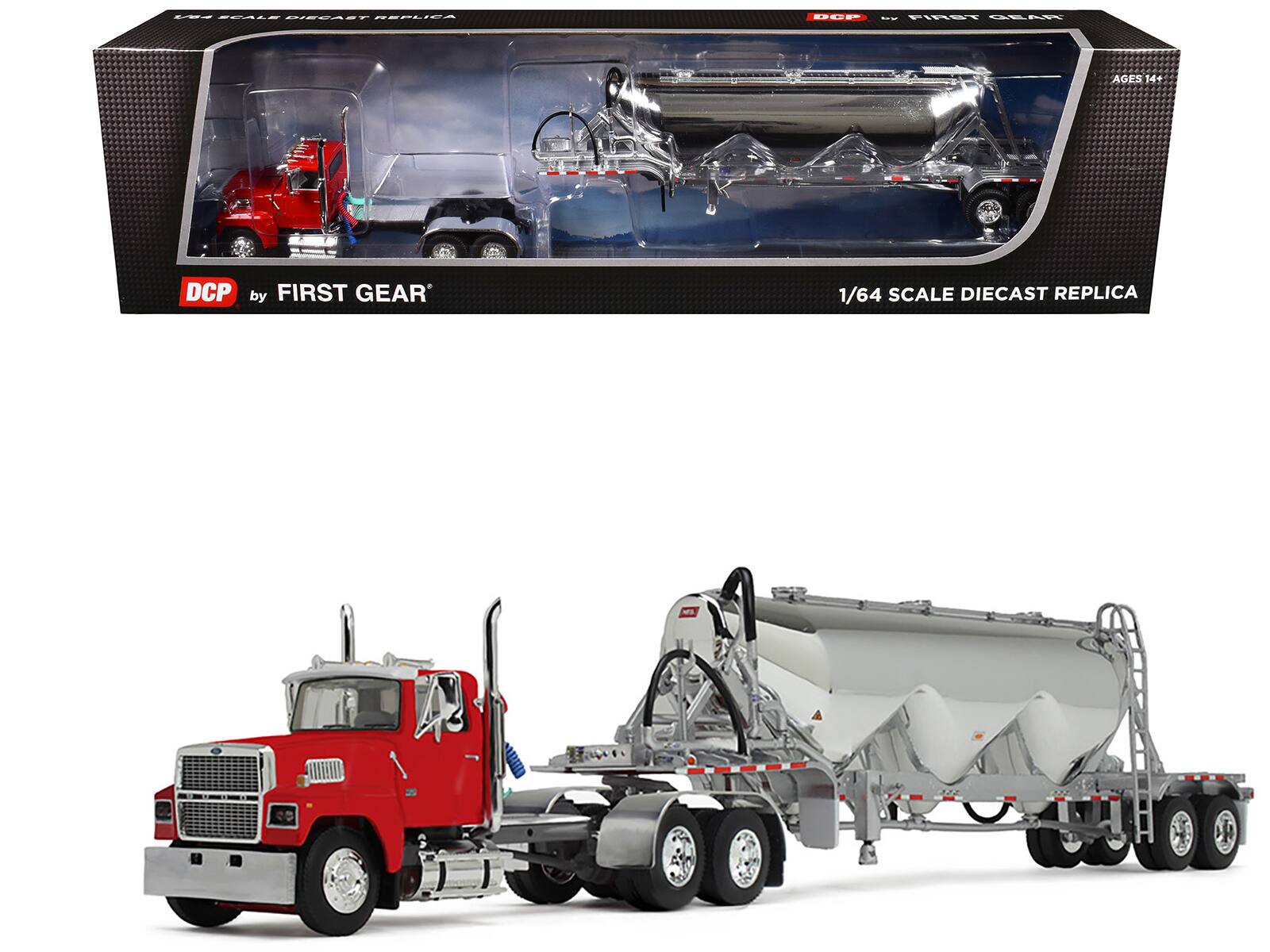 First Gear - Ford LTL 9000 Day Cab with Heil Pneumatic Tank Trailer Heil 1/64 Diecast Model by DCP/First Gear - Red