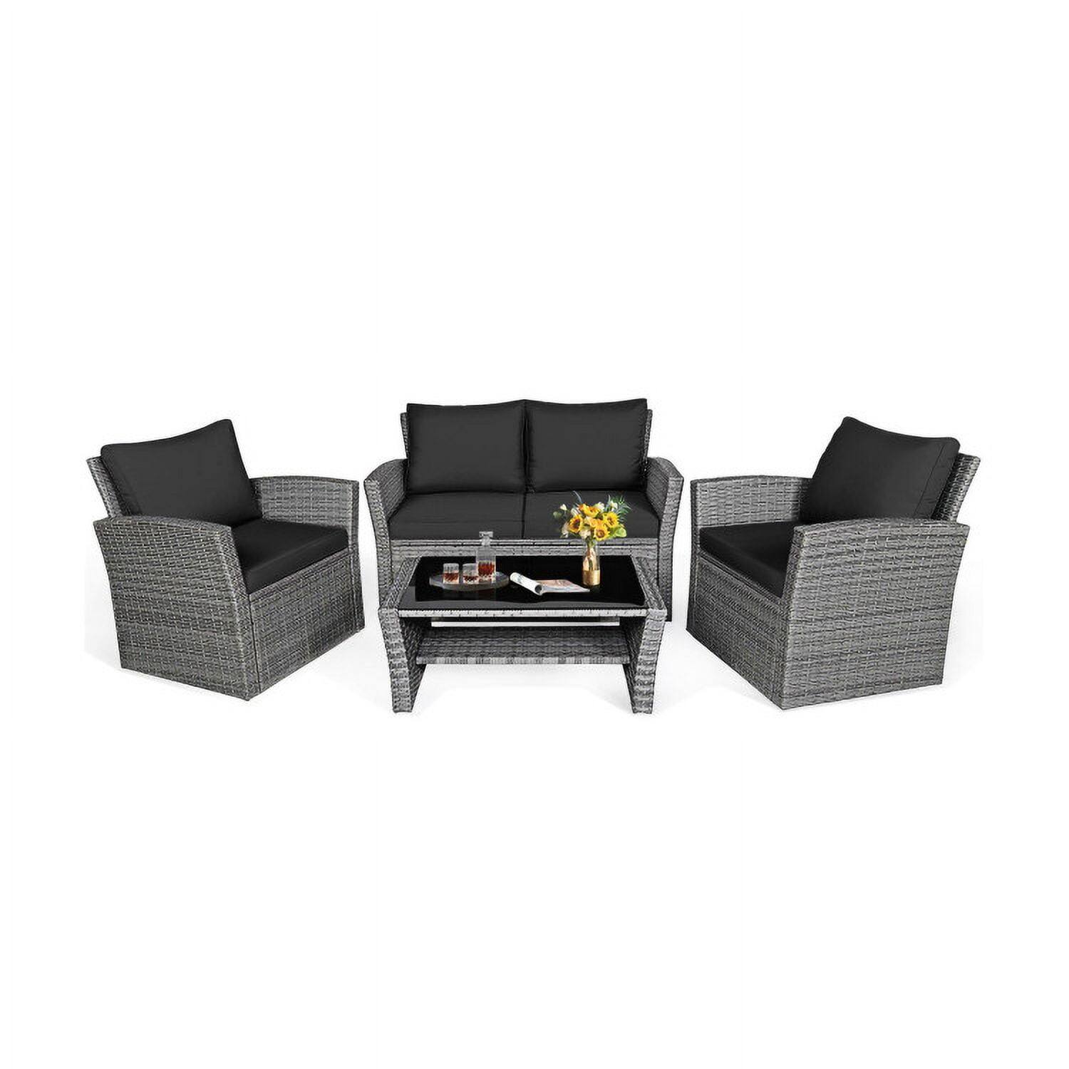 Alt View 5. Kadyn - 4 Pieces Patio Rattan Furniture Set, Outdoor Furniture Garden Conversation Sets with Storage Shelf Cushion-Khaki - Black.
