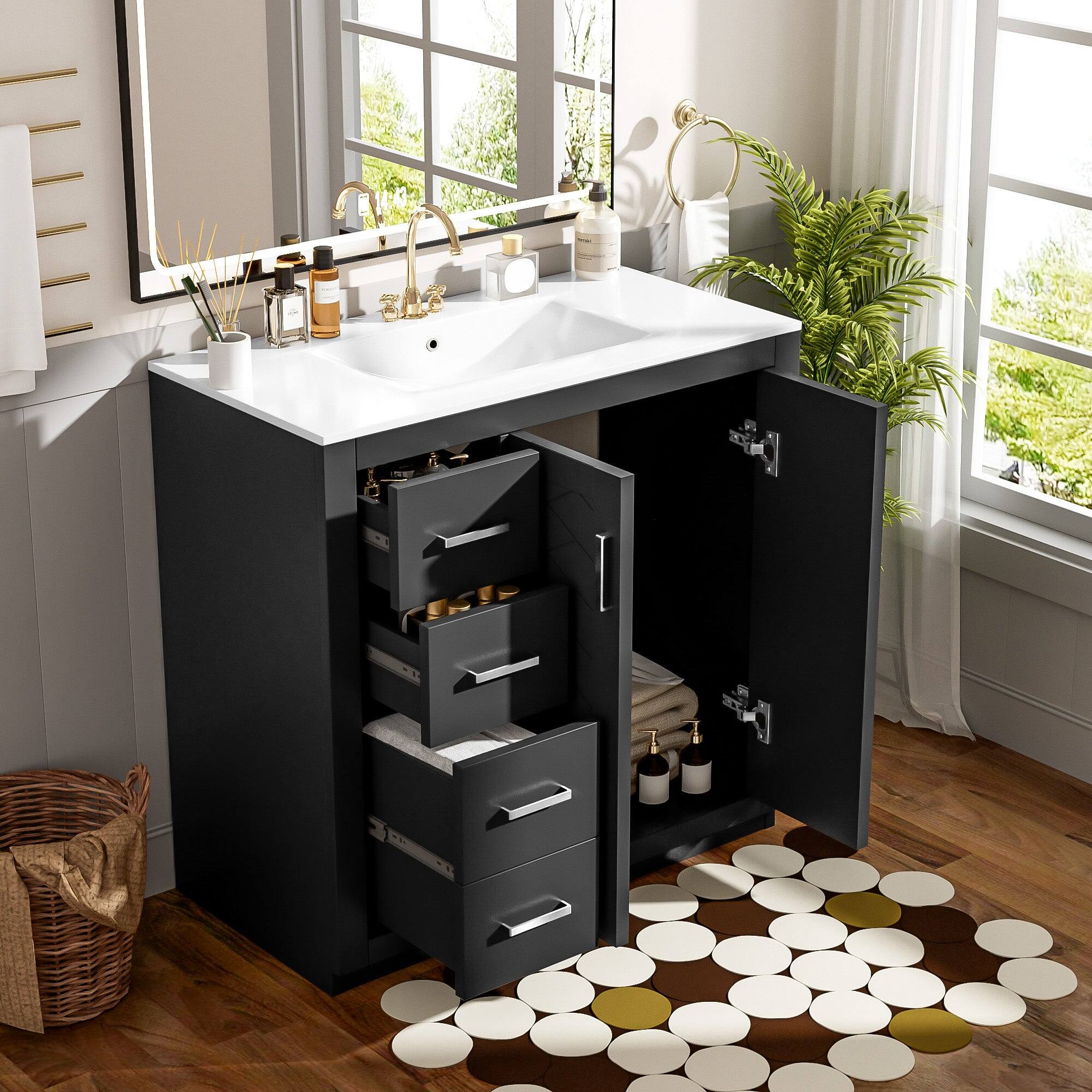 Alt View 2. Boyel Living - 36 Inch Bathroom Vanity with Ceramic Sink Solid Wood Frame 3 Drawers 2 Doors Black - Black.
