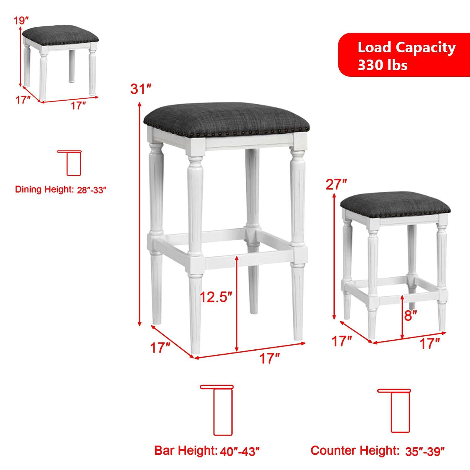 - Load Capacity: 330 lbs
- Dining Height: 28"-33"
- Bar Height: 40"-43"
- Counter Height: 35"-39"
- Seat Dimensions:
  - 19" x 17" x 17"
  - 31" x 17" x 12.5"
  - 27" x 17" x 8"