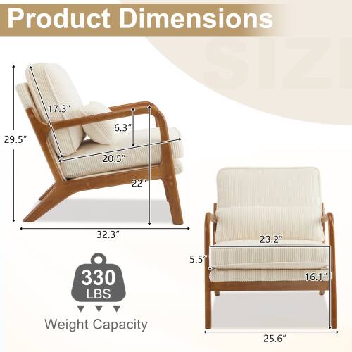 Product Dimensions

- Height: 29.5"
- Width: 32.3"
- Depth: 20.5"
- Seat Height: 17.3"
- Seat Depth: 22"
- Armrest Height: 6.3"
- Armrest Width: 5.5"
- Backrest Height: 25.6"
- Backrest Width: 23.2"

Weight Capacity: 330 LBS