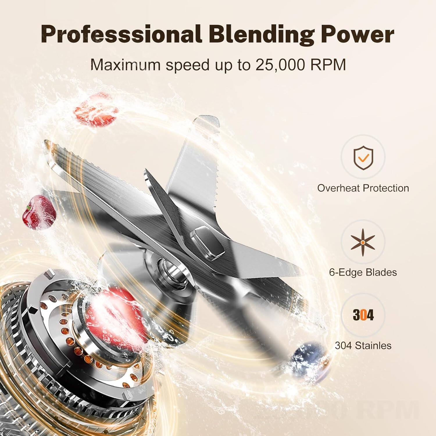 Professional Blending Power, Maximum speed up to 25,000 RPM, Overheat Protection, 6-Edge Blades, 304 Stainless