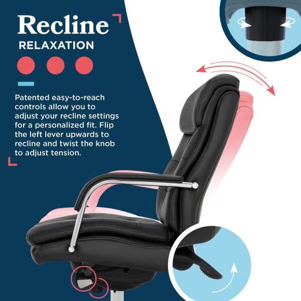 Recline RELAXATION

Patented easy-to-reach controls allow you to adjust your recline settings for a personalized fit. Flip the left lever upwards to recline and twist the knob to adjust tension.