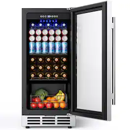 SIMZLIFE - 130 Cans Beverage &Wine Refrigerator with Storage Basket,37-65°F Temp Control,Double Glass Door,Built-in or Freestanding - Silver