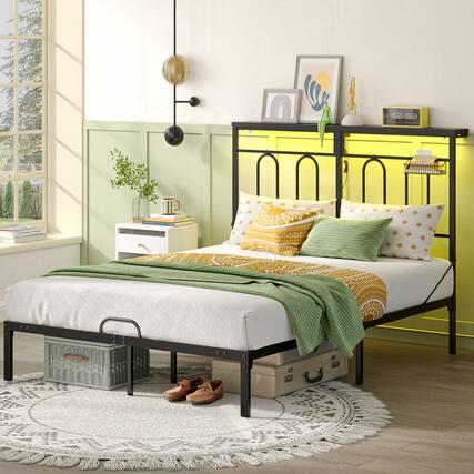 Front. Pinmoco - Pinmoco - Platform Bed Frame with LED Storage Headboard & Charging Station Metal Platform Bed - Black.