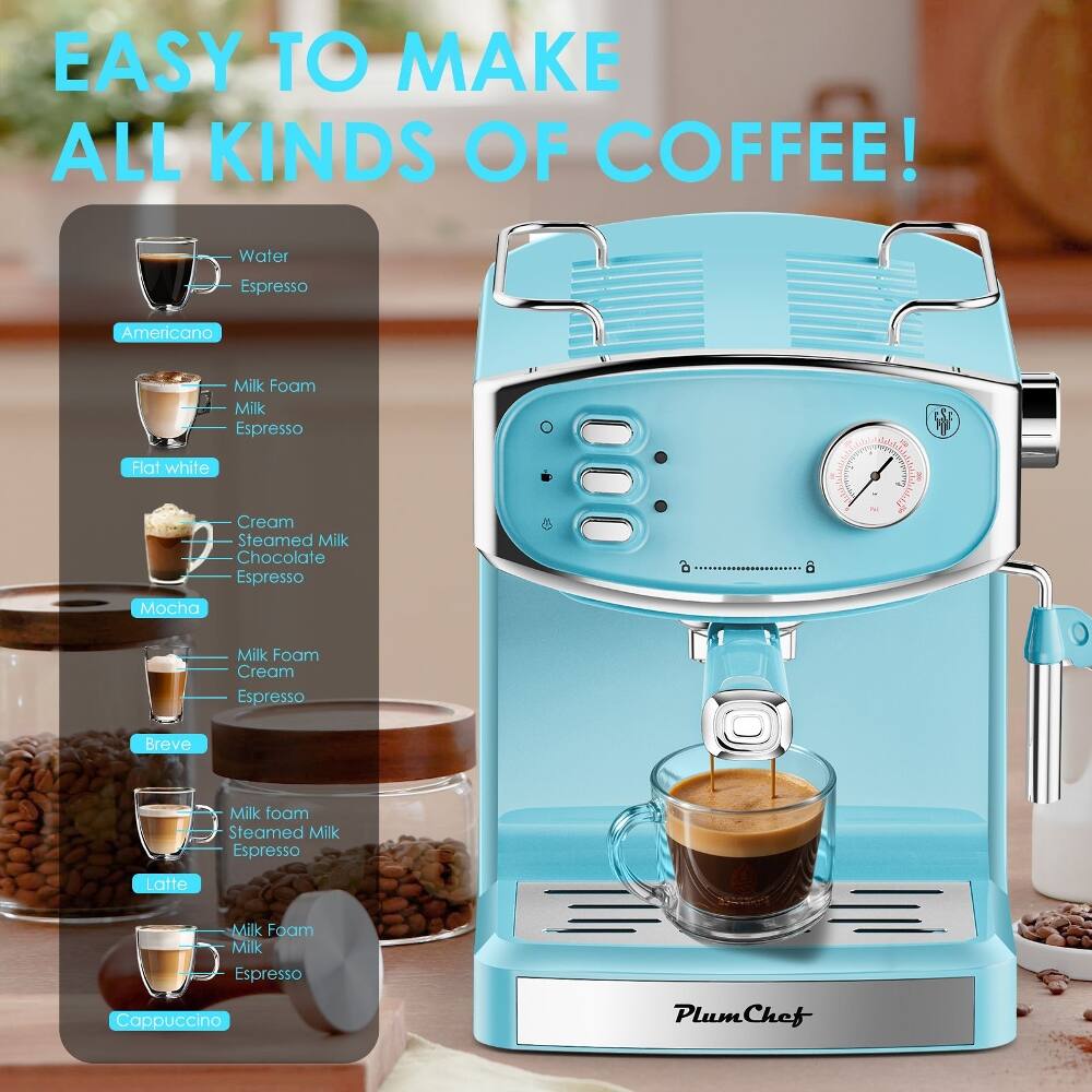 EASY TO MAKE ALL KINDS OF COFFEE!  
- Americano: Water, Espresso  
- Flat white: Milk Foam, Milk, Espresso  
- Mocha: Cream, Steamed Milk, Chocolate Espresso  
- Breve: Milk Foam, Cream, Espresso  
- Latte: Milk Foam, Steamed Milk, Espresso  
- Cappuccino: Milk Foam, Milk, Espresso  
PlumChef