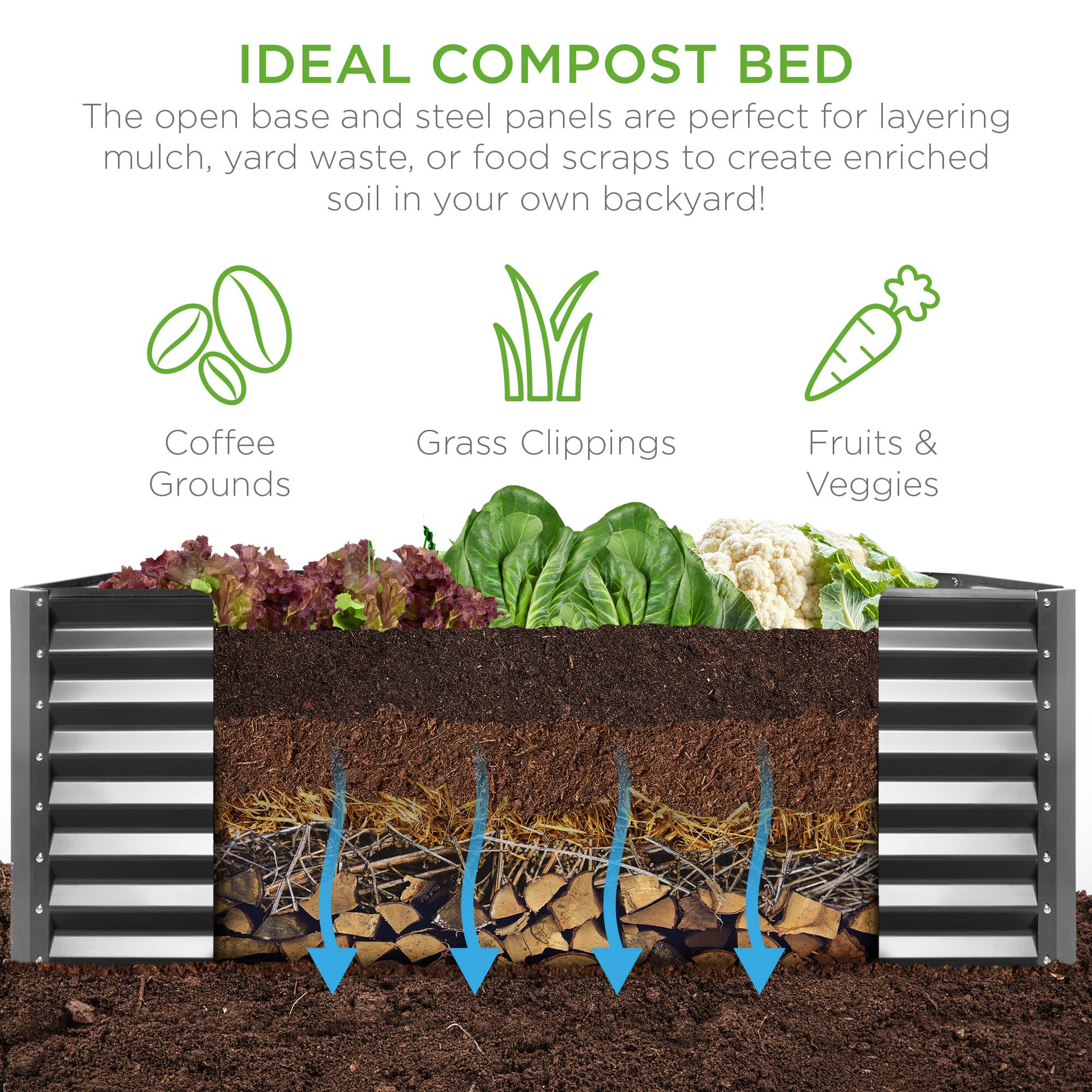 IDEAL COMPOST BED

The open base and steel panels are perfect for layering mulch, yard waste, or food scraps to create enriched soil in your own backyard!

- Coffee Grounds
- Grass Clippings
- Fruits & Veggies