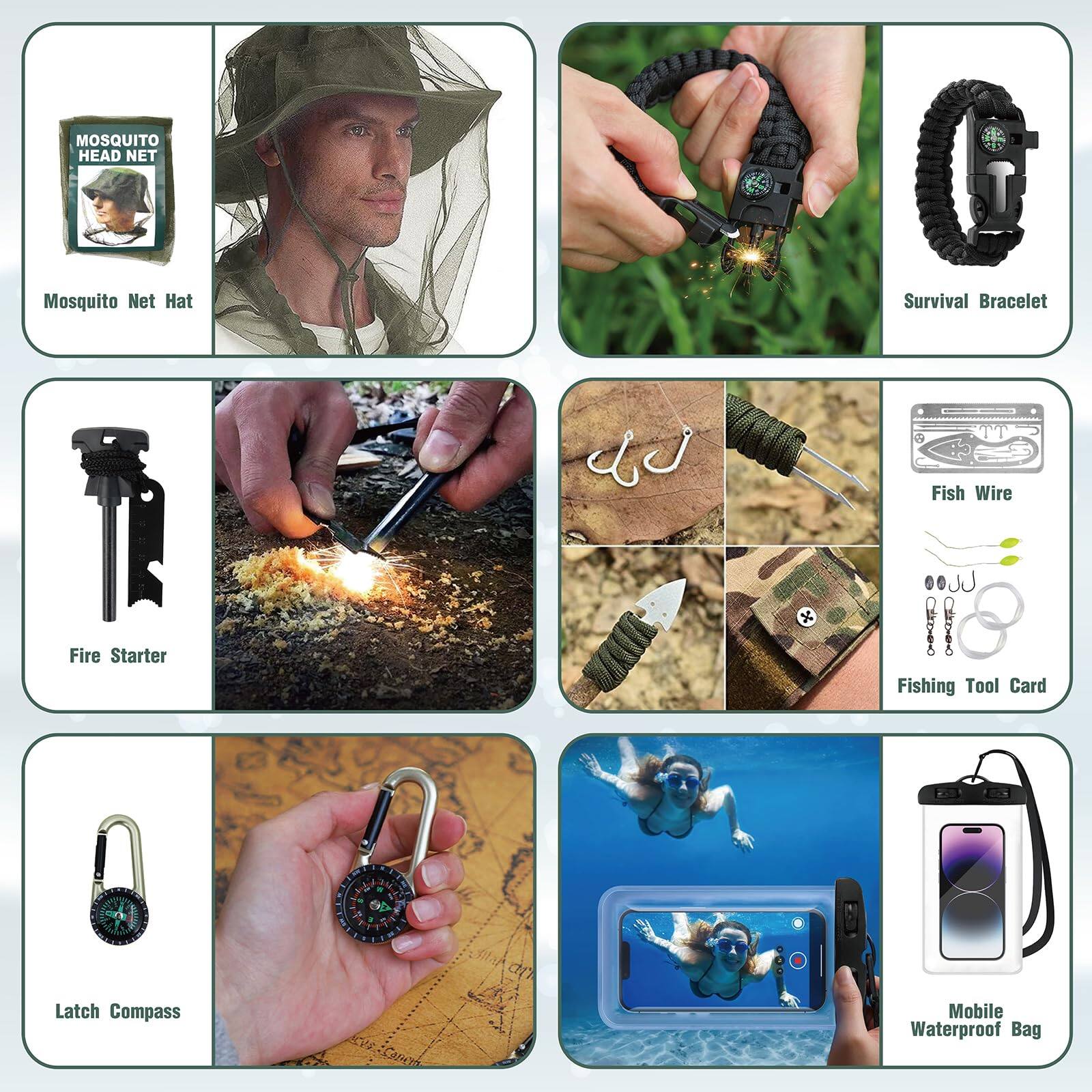 - Mosquito Net Hat
- Survival Bracelet
- Fire Starter
- Fish Wire
- Fishing Tool Card
- Latch Compass
- Mobile Waterproof Bag