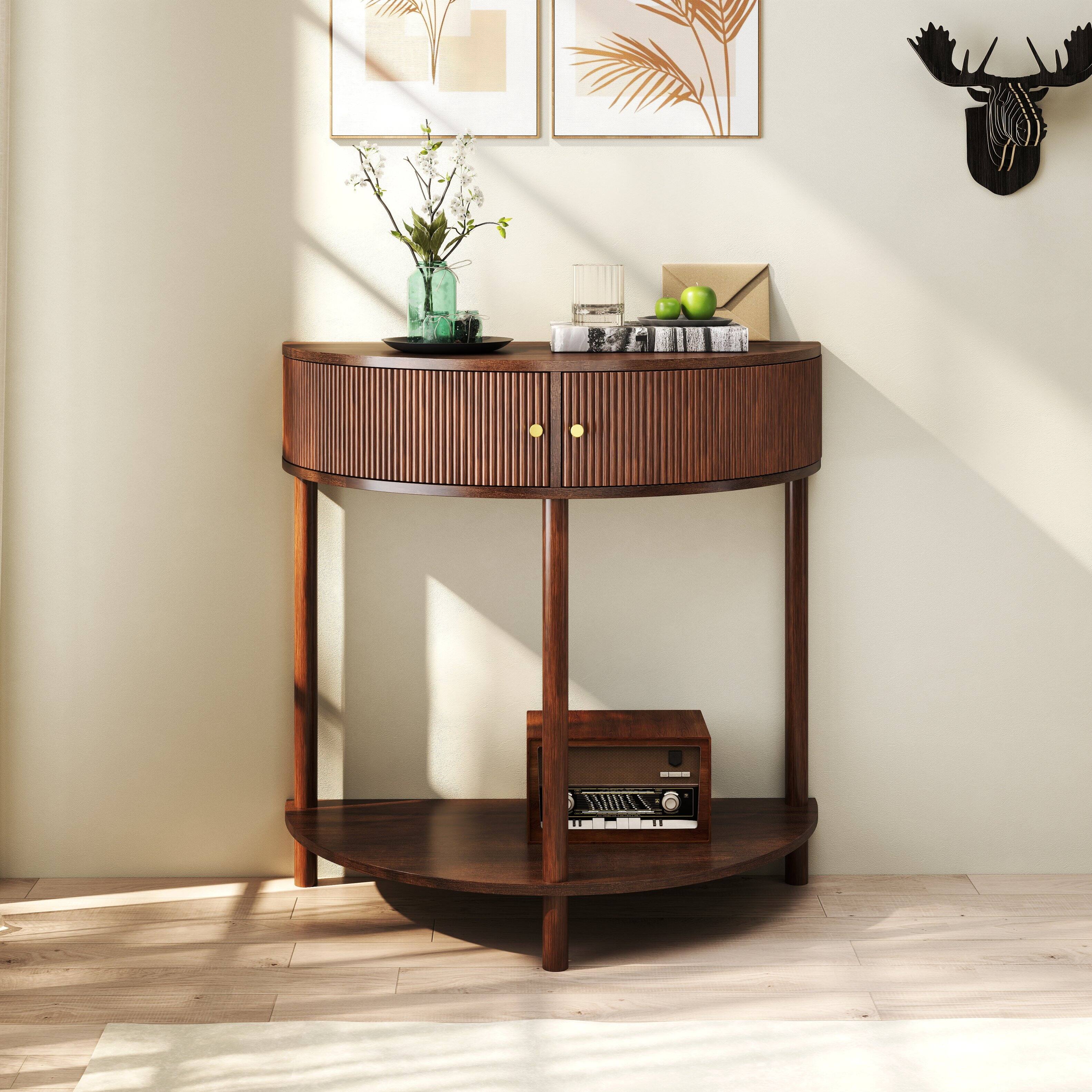Angle. Tiramisubest - Artisan-Crafted Demi-Lune Console Table with Brown Woodgrain,Unique Half Moon Design End Table with 2 Drawers and Shelf - Brown.