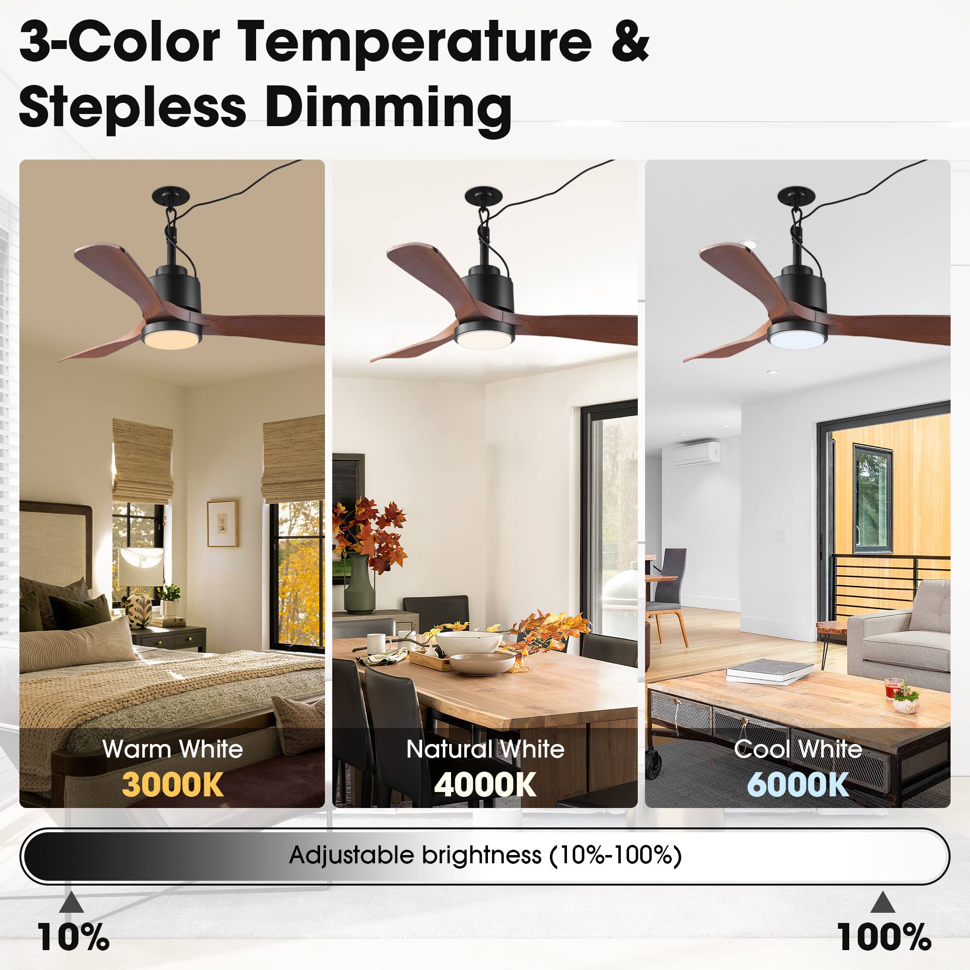 3-Color Temperature & Stepless Dimming

Warm White 3000K  
Natural White 4000K  
Cool White 6000K  

Adjustable brightness (10%-100%)