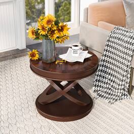 GOODSILO - Retro Round Wooden End Table with X-Shape Base for Living Room or Dining Area - Walnut