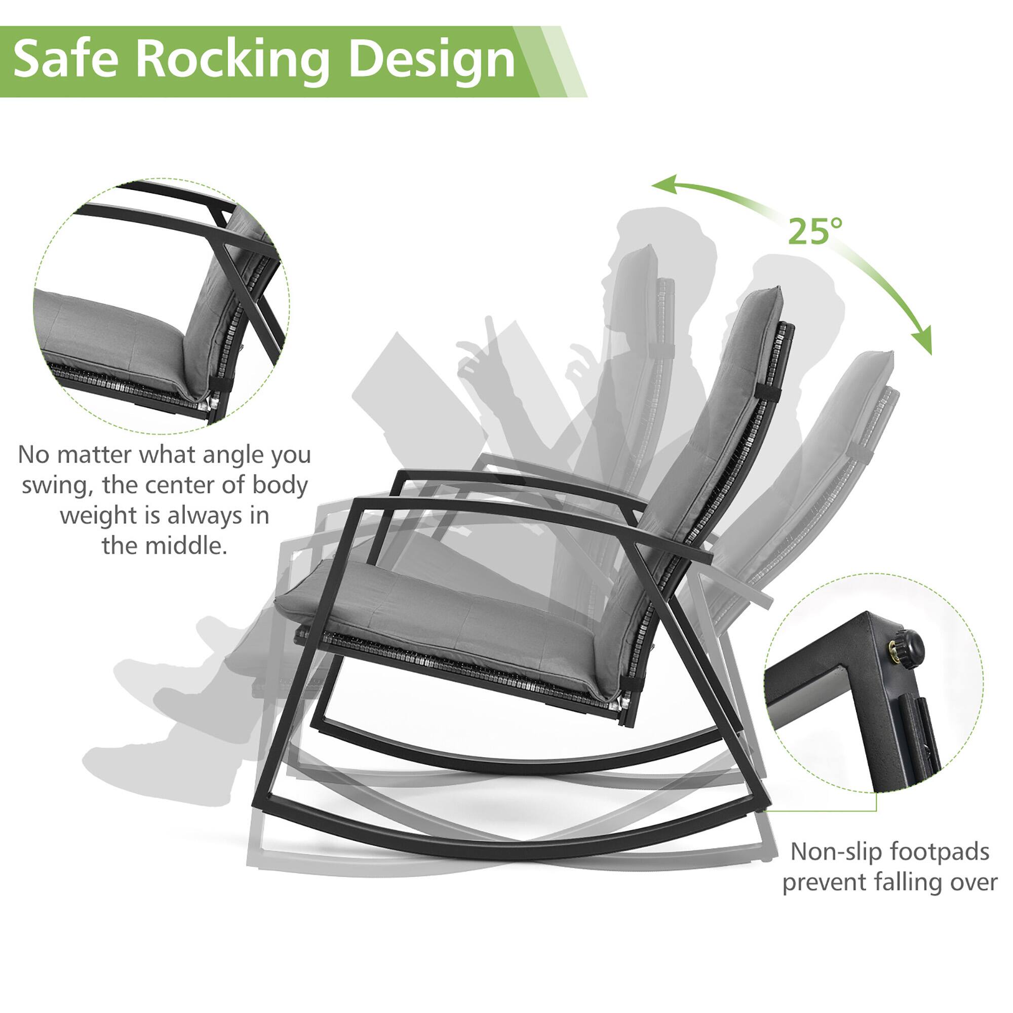 Safe Rocking Design

No matter what angle you swing, the center of body weight is always in the middle.

Non-slip footpads prevent falling over

25°