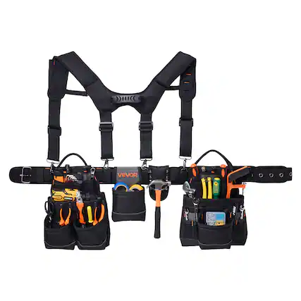 Front. VEVOR - Tool Belt, 19 Pockets Tool Pouch with Suspenders for Men, Heavy Duty Adjustable Utility Belt Work Bag Detachable - Black.