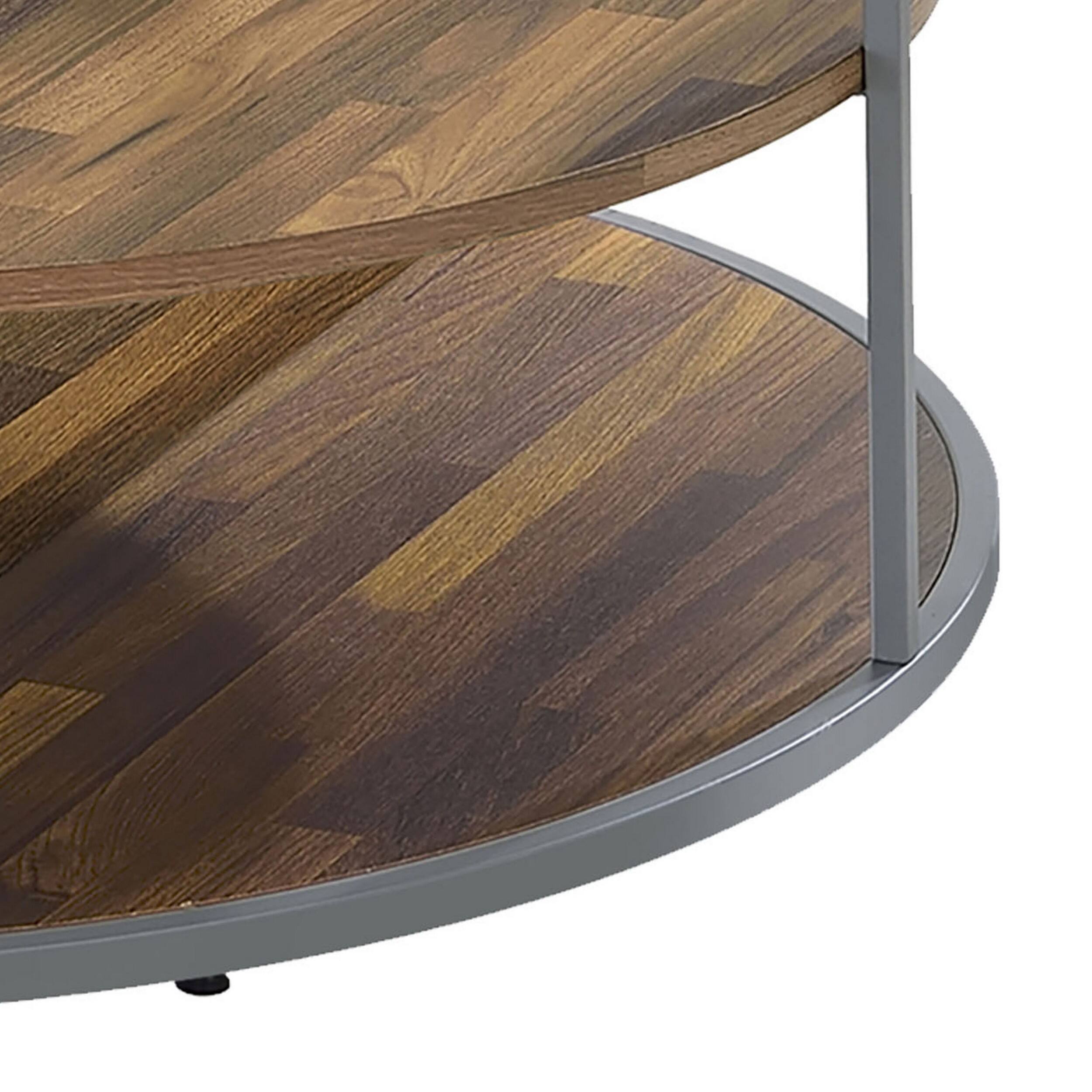 Alt View 3. Manhattan Lane - Lenn 35 Inch 3 Tier Round Brown Coffee Table, Half Shelf Design, Gray Frame - Brown, Gray.