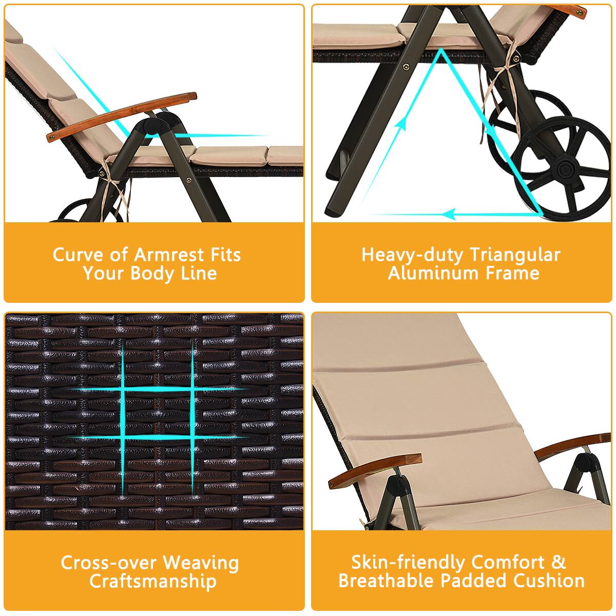 The text on the image can be grouped into four categories:

1. Armrest Fit: "Curve of Armrest Fits Your Body Line"
2. Frame: "Heavy-duty Triangular Aluminum Frame"
3. Weaving: "Cross-over Weaving"
4. Craftsmanship: "Craftsmanship"
5. Comfort: "Skin-friendly Comfort & Breathable Padded Cushion"