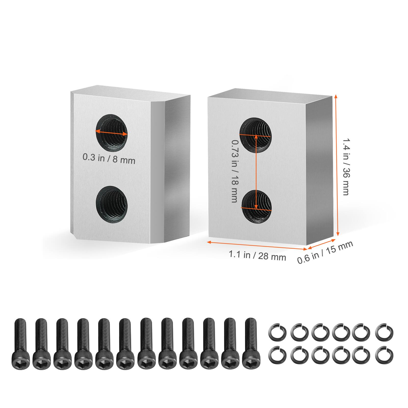 0.3 in / 8 mm  
0.73 in / 18 mm  
1.4 in / 36 mm  
1.1 in / 28 mm  
0.6 in / 15 mm