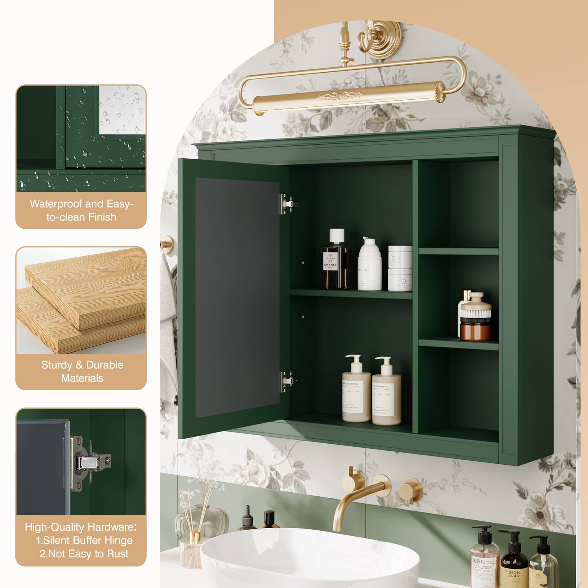 Waterproof and Easy-to-clean Finish

Sturdy & Durable Materials

High-Quality Hardware:
1. Silent Buffer Hinge
2. Not Easy to Rust