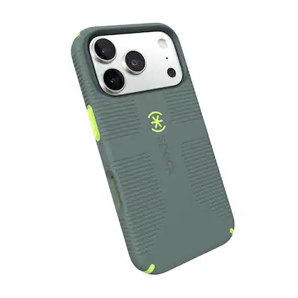 Front. Speck - iPhone 17 Pro CANDYSHELL GRIP + MS - NEO DRAB/Glow Green.