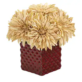 BreeBe - 11" Dahlia Artificial Arrangement in Red Ceramic Cube - Cream