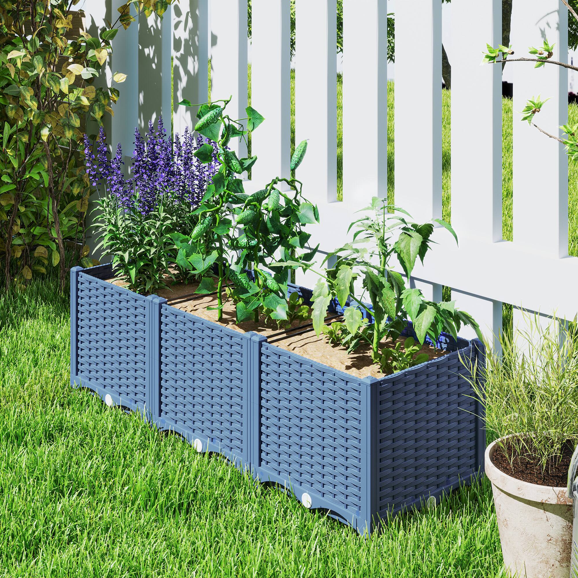 Alt View 8. Outsunny - 4 x 1 x 1 ft Raised Garden Bed, Indoor Outdoor Plastic Planter Box with Drainage Holes, Drain Plugs and Water Reservoirs - Blue.