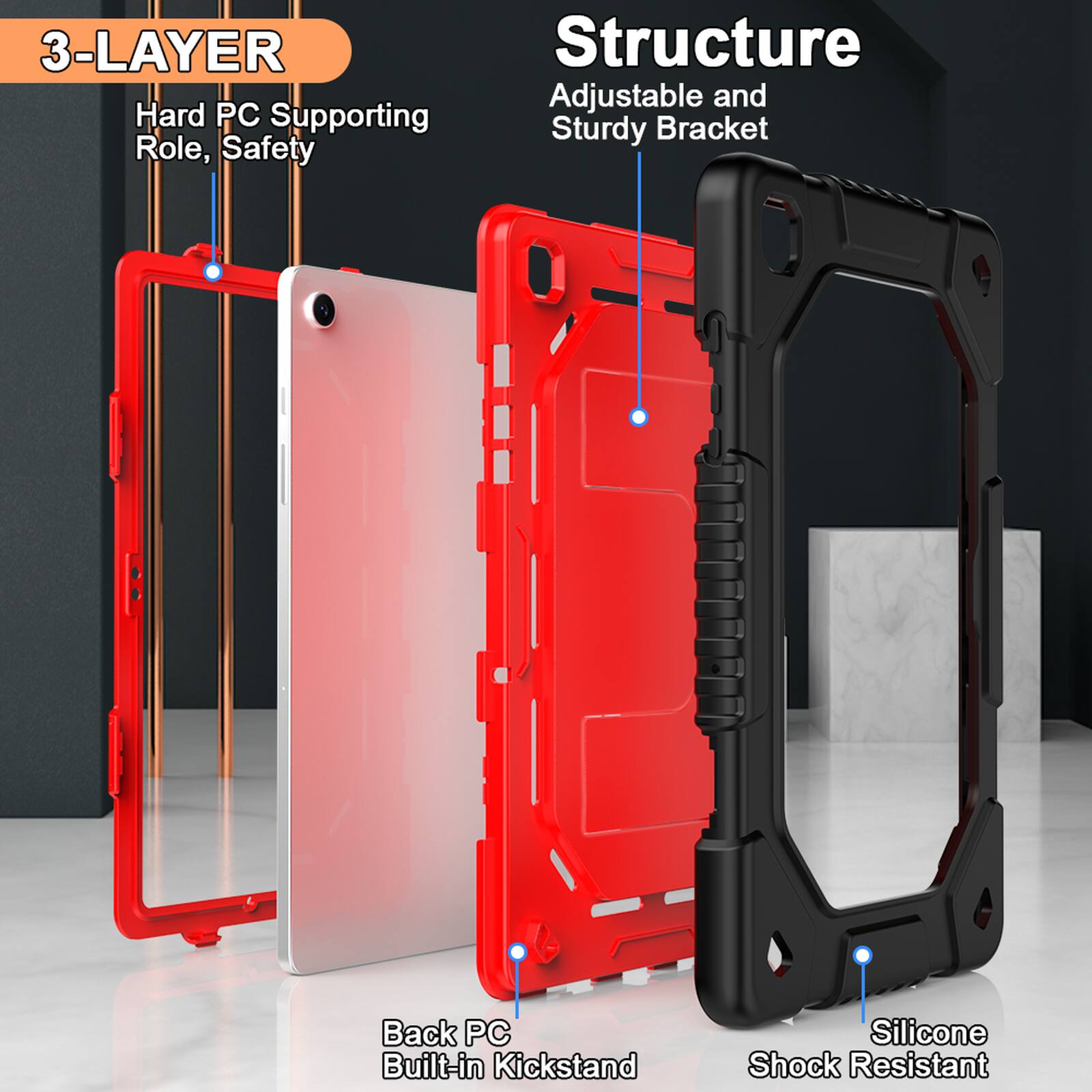 3-LAYER Structure Adjustable and Sturdy Bracket

Hard PC Supporting Role, Safety

Back PC Built-in Kickstand

Silicone Shock Resistant