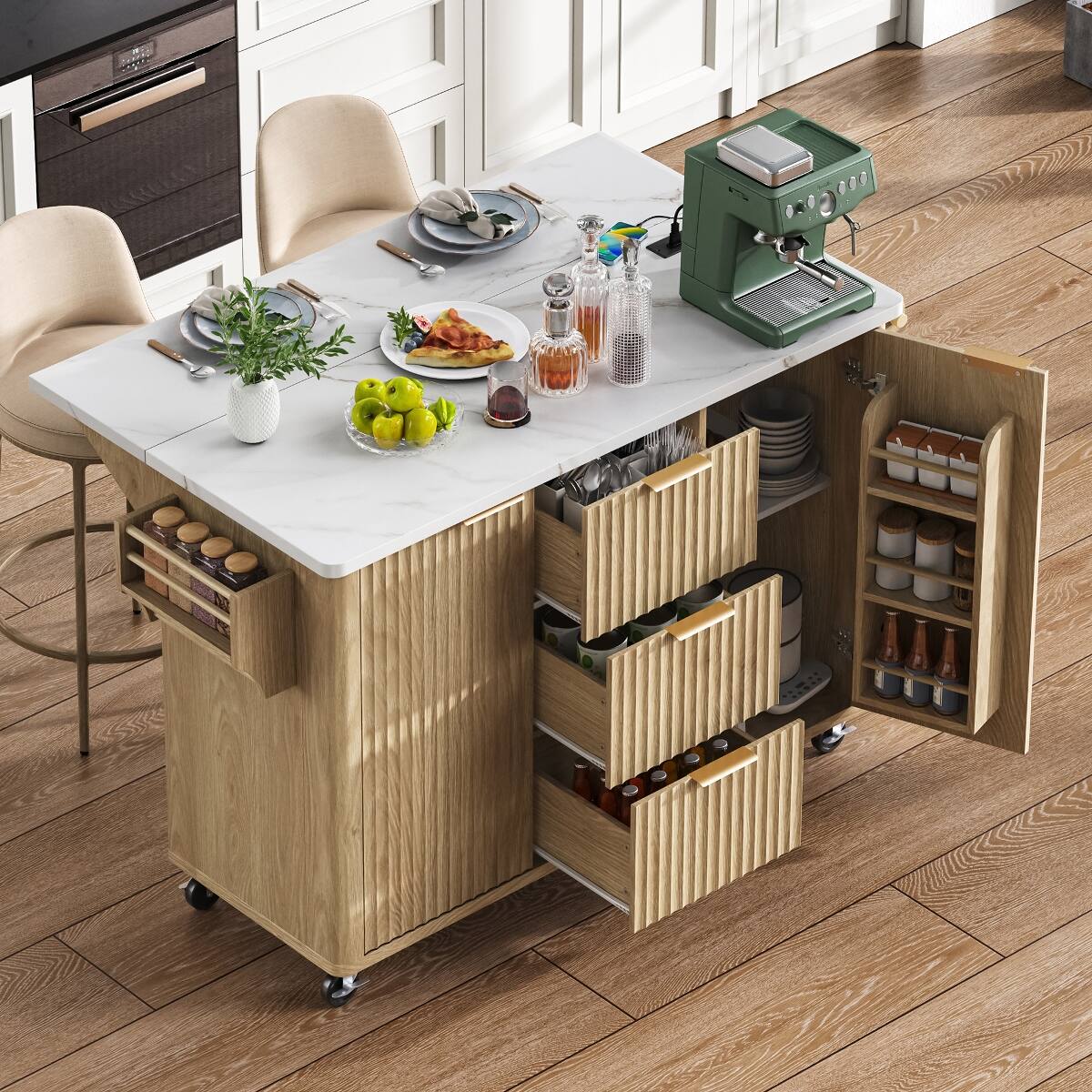 Front. Loheer - Loheer 55.5 inch Kitchen Island Natural Fluted Panel Rolling Kitchen Island with Drop Leaf - Natural.