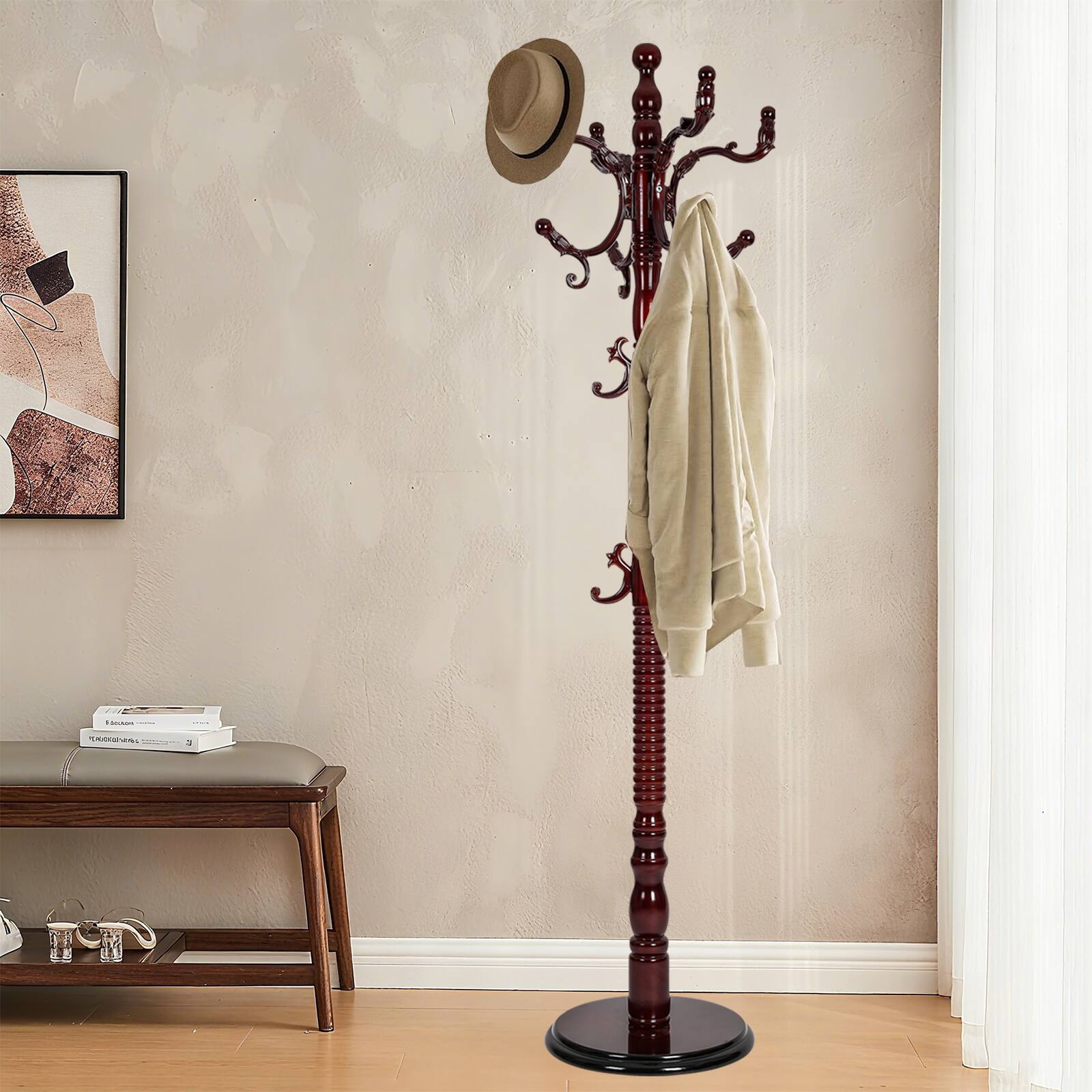 Alt View 8. Chateau Abodes - Coat Rack Freestanding, Natural Birch Wood Coat Tree with 14 Hooks, 200lbs Load, Stury Base - Rosewood.