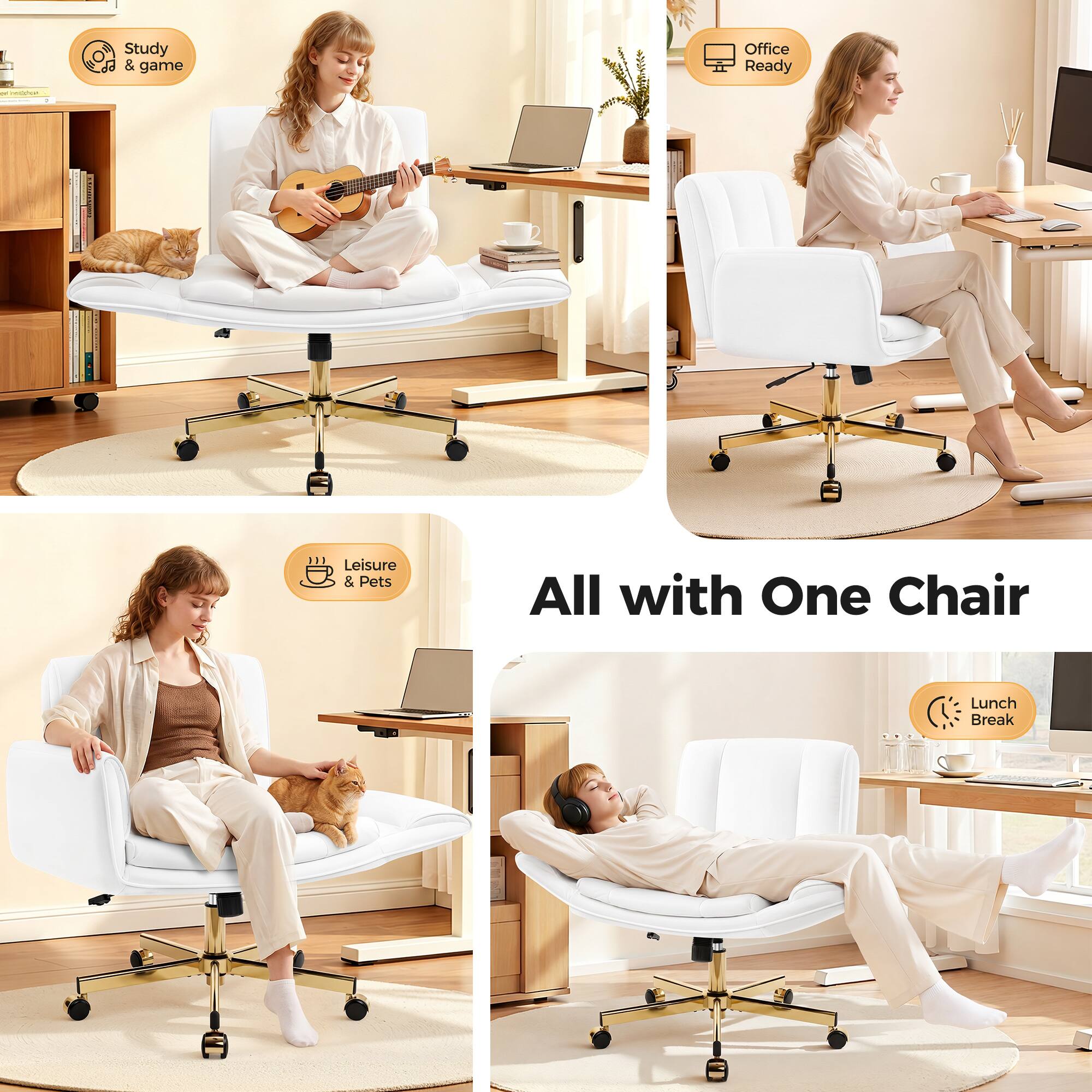 Study & game  
Office Ready  
Leisure & Pets  
All with One Chair  
Lunch Break