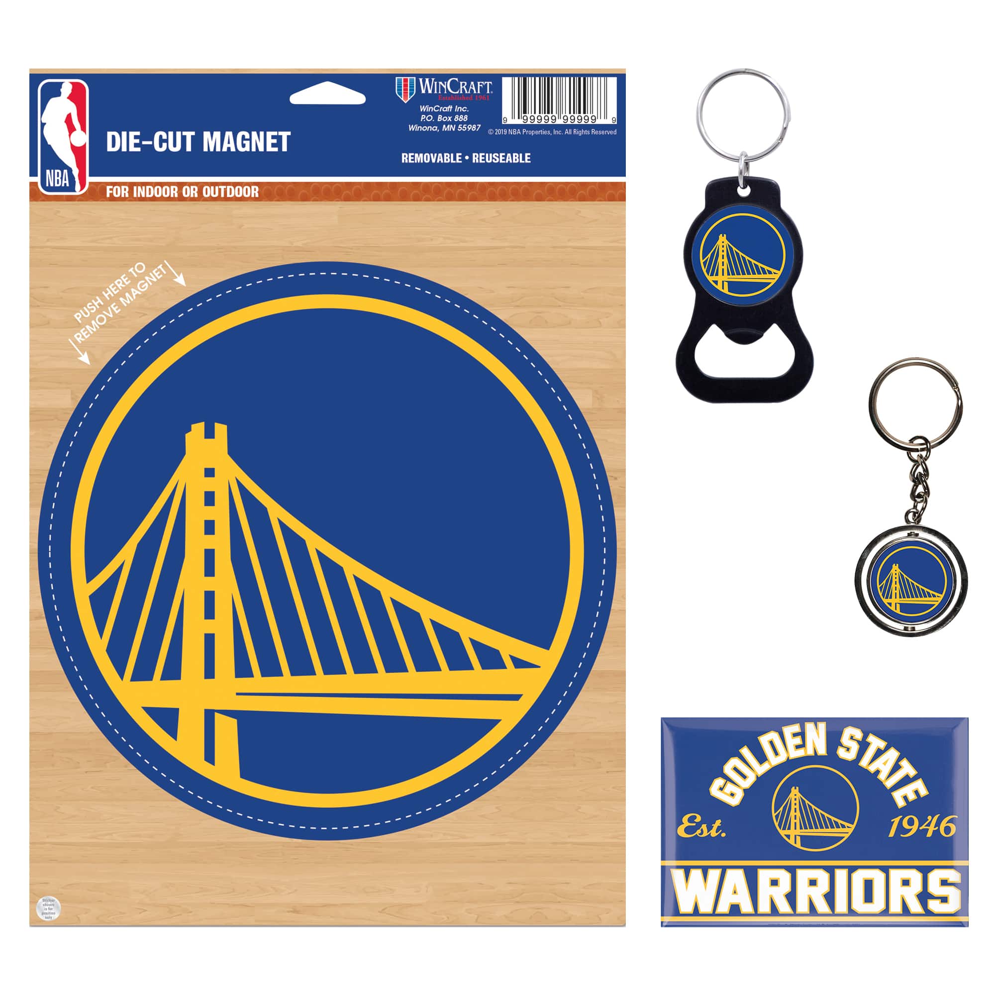 NBA DIE-CUT MAGNET  
FOR INDOOR OR OUTDOOR  

WINCRAFT  
PO Box 888  
Winona, MN 55987  

REMOVABLE - REUSABLE  

PUSH HERE TO REMOVE MAGNET  

GOLDEN STATE  
Est. 1946  
WARRIORS  

599999 999999  
©2018 NBA Properties, Inc. All Rights Reserved  

REUSABLE