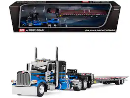 First Gear - Peterbilt 389 with 48" Flat Top Sleeper and Landoll Traveling Axle Trailer Black with Blue 1/64 Model by DCP/First Gear
